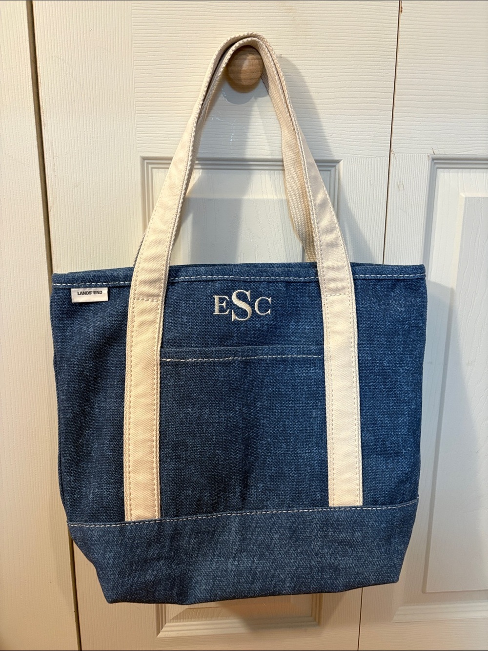 Lands' End Blue Denim Tote with Cream Handles